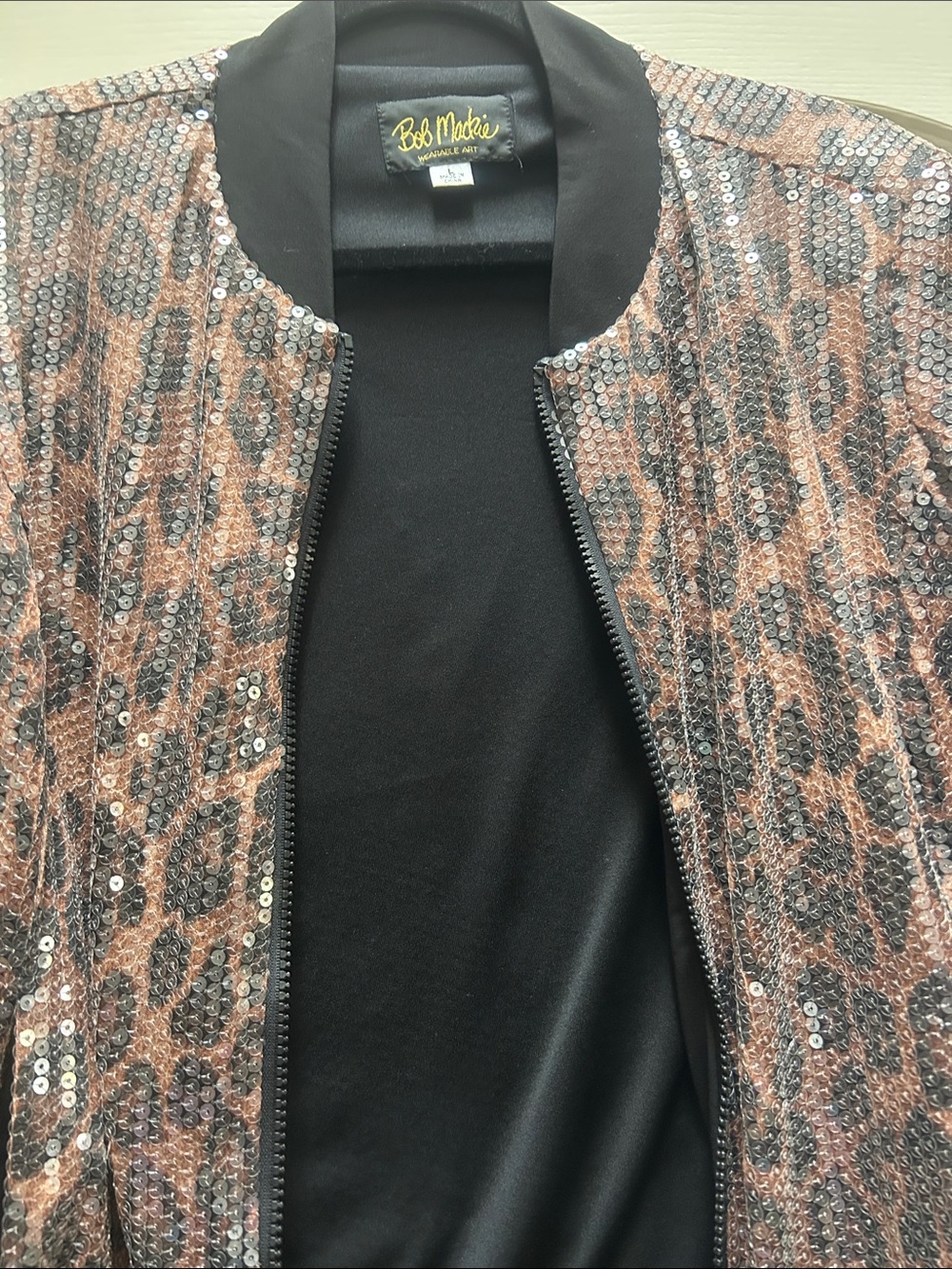 Bob Mackie Sequin Leopard-Print Bomber Jacket in Brown and Black